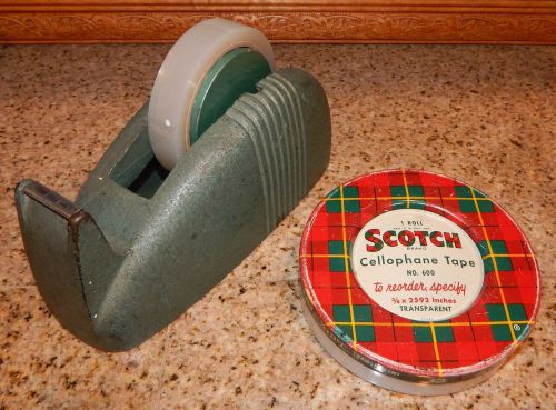 VINTAGE SCOTCH CAST IRON DESKTOP TAPE DISPENSER W/ ORIGINAL GREEN WHEEL ART DECO