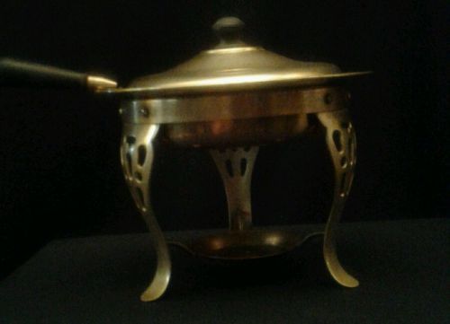 Vintage Mid-Century Brass Copper Wooden Handle Chafing Dish Sterno Serving Italy