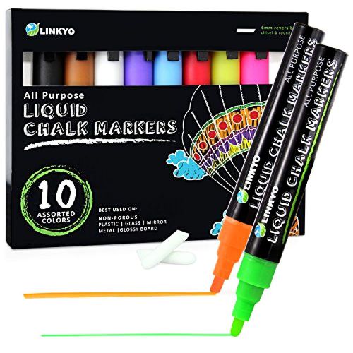 Chalk Marker Pens 10-Color LINKYO Liquid  with Erasable Ink and Reversible Tips!