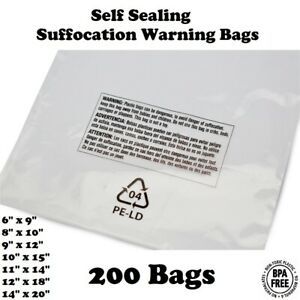 200x Poly Bags Resealable Suffocation Warning Clear 1.5 mil Shirt Apparel