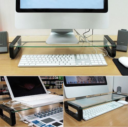 U BOARD SMART Tempered Glass Monitor Stand USB 3 Ports Multi-Monitor Shelf Black