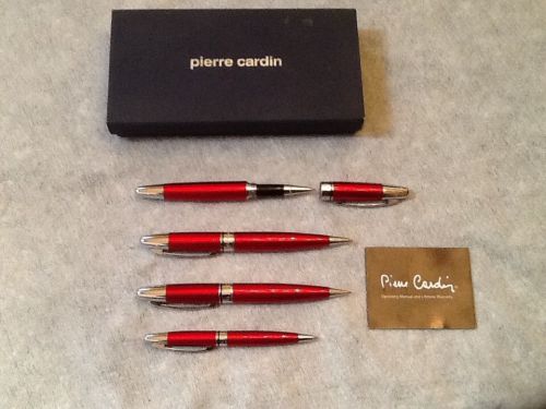 Pierre Cardin 4 Piece Red/Silver Pen &amp; Pencil Set in original box with papers