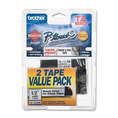 Brother tz label tape cartridge 0.50 widthx26.20ft length 2 pack black clear for sale