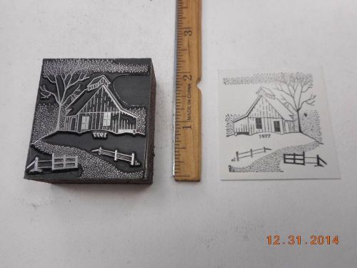 Letterpress Printing Printers Block, 1977 Snow Falling by Cabin