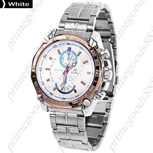 Stainless steel false sub dials quartz wrist men&#039;s wristwatch silver gold white for sale