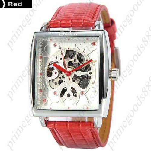 Square PU Leather Strap See Through Auto Mechanical Wrist Men&#039;s Wristwatch Red