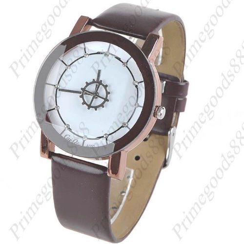 Round Synthetic Leather Wrist Quartz Lady Ladies Wristwatch Women&#039;s Brown Band