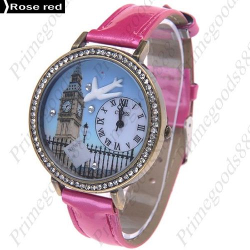 3D Big Ben Plane News Quartz PU Leather Lady Ladies Wristwatch Women&#039;s Rose Red