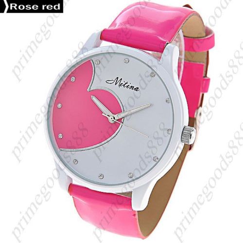 Round Shiny Analog Leather Lady Ladies Wrist Quartz Wristwatch Women&#039;s Rose Red