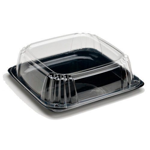 14&#034; Ultrastack Black Base Square Plastic Platter with Clear Dome Lid Combo 25pk