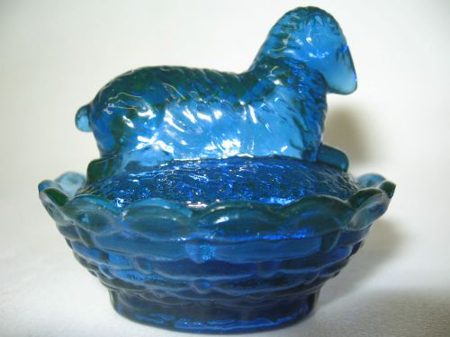 Cobalt blue Vaseline glass Lamb Sheep salt cellar celt on nest basket / uranium