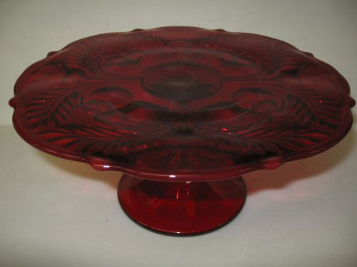 Ruby Red Glass cake serving stand plate / platter pedestal royal thistle patten