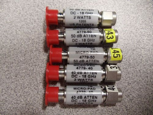 Narda 4779-40 (2) &amp; -50 (3) RF Attenuators, DC-18 GHz, SMA. All NEW!  Five (5)