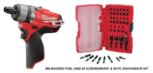 MILWAUKEE M12 FUEL 1/4&#034; HEX 2 SPEED SCREWDRIVER 2402-20 &amp; 29 PC SHOCKWAVE KIT