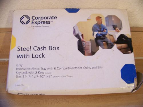 NEW Corporate Express Gray Steel Cash Box 6 compartments &amp; Lock, 11.25 x 2 x 7.5
