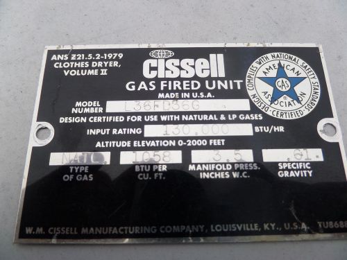 Cissell ABS 2215179 L36FD36G commercial gas dryer, coin op, parts