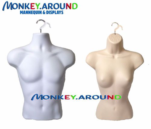 2 Mannequin, WHITE FLESH Male Female Dress Body Form +2 Hanger- Display Clothing