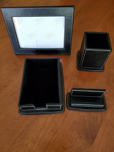 Black Faux Leather Office Desk Organizer Set Business Card Frame Pen Notepaper