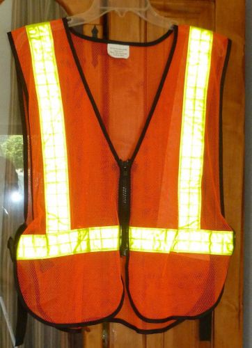 Neon orange mesh safety vest 2&#034; reflective tape; front zip adj sides one size for sale