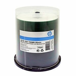 HP CD R 52X 80 MIN White Inkjet Printable METALIZED HUB 100PK C B 700 MB