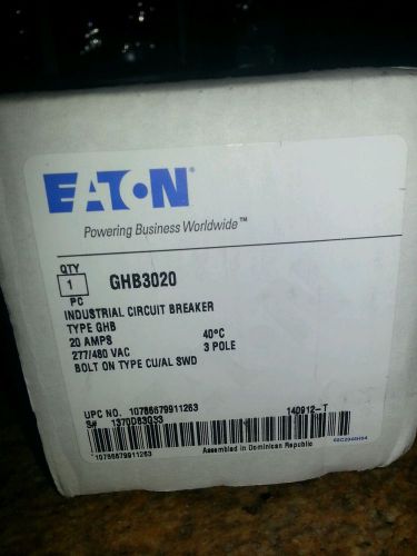 Eaton ghb3020 3 pole 20 amp industrial breaker 277/480 vac for sale
