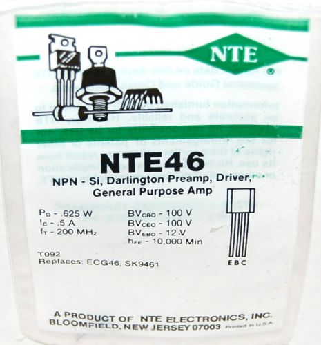 NTE NTE46 NPN SI DARLINGTON PREAMP DRIVER GEN PURP AMP T092 EQUIV ECG46 SK9461