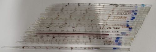 Lot of 19 Bellco Falcon Kimax Pyrex 25 mL Serological Pipets 5 in 1/10mL 5x.1mL