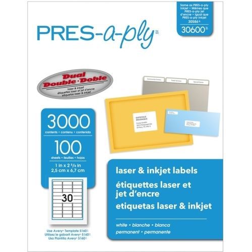 Avery Address Label - 1&#034;Wx2.62&#034; L - 3000/Box - Rectangle - Laser -White