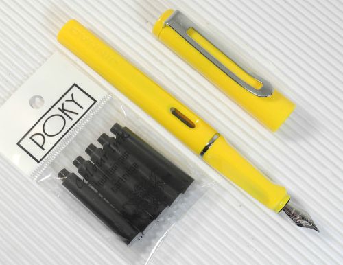 JINHAO 599B Fountain pen YELLOW plastic barrel free 5 POKY cartridges BLACK ink