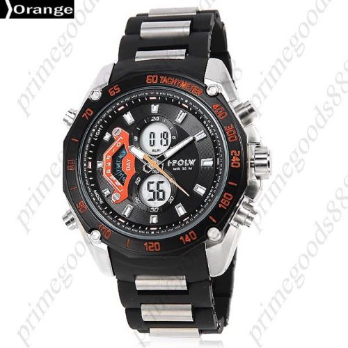 2 time zone zones silicone date digital analog quartz men&#039;s wristwatch orange for sale