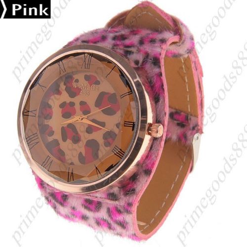 Leopard pu leather quartz wrist wristwatch free shipping women&#039;s pink fuzzy for sale