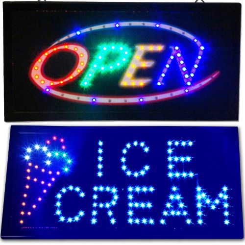 Open &amp; ice cream led animated store sign neon bright cafe shop frozen yogurt new for sale