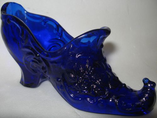 Cobalt Blue glass raised rose leaf pattern Shoe Slipper Boot flowers floral art