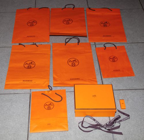 Seven reusable Hermes Paper shopping bags+box+Hermes eau de parfum