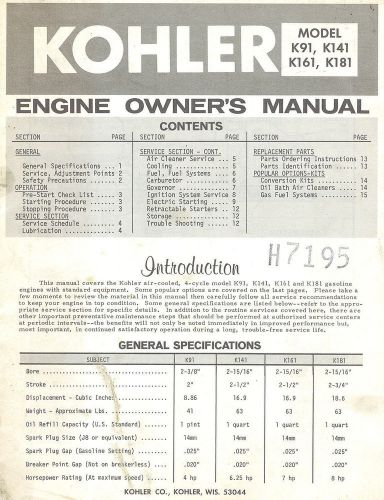 KOHLER K91  K141 K161 K181  ENGINES OWNER&#039;S  MANUAL