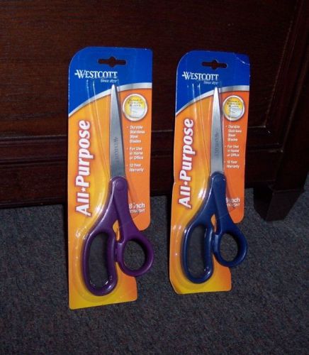 2 NEW WESTCOTT 8&#034; STRAIGHT ALL-PURPOSE SCISSORS LEFT OR RIGHT HAND PURPLE &amp; BLUE