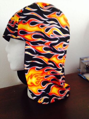 Welder caps-earflaps-  blk w orange flames----cotton liner for sale