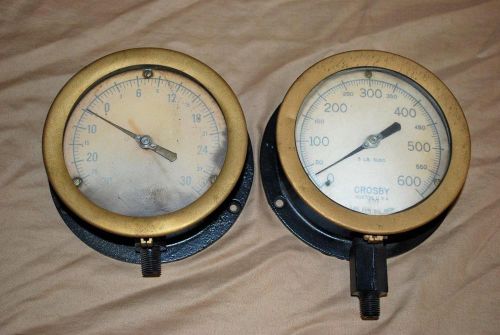 2 VTG CROSBY Pressure GAUGE Brass Steel STEAMPUNK Boston 600 PSI Display