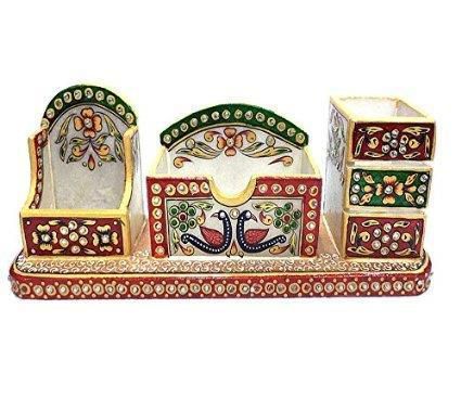 Beautiful Multicolor Marble Meenakari Kundan Work Desk Organizer Table Decor