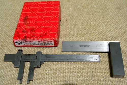 STARRETT No. 20 / 50130 HARDENED STEEL 3&#034; MACHINIST SQUARE &amp; OLD CALIPER No. 25