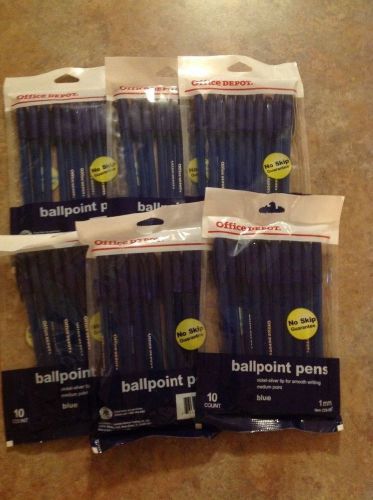 Lot of 6 Office Depot Ballpoint Pens No Skip 1mm M point - Total 60 blue pens
