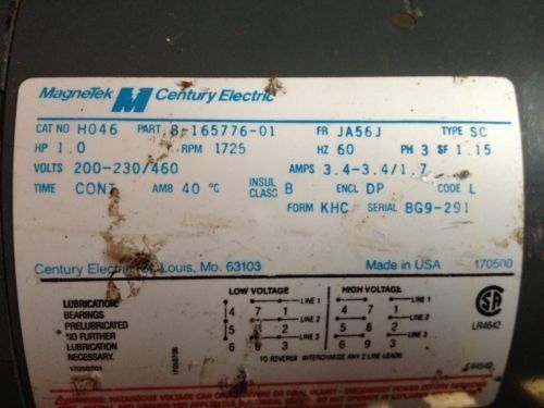 H046: century-ao smith ac motor 1hp 1725 3ph ja56j odp magnetec for sale