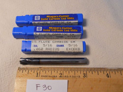 3 NEW NIAGARA CARBIDE ENDMILLS 5/16&#034; DIA 5/16&#034; SH. 5 FL .060 RAD. COATED F30