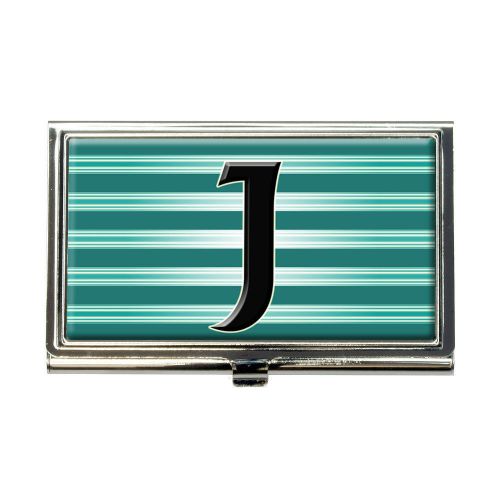 Letter J Initial Black Teal Stripes Business Credit Card Holder Case