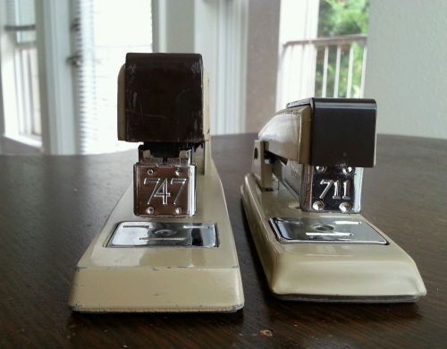 2 Vintage Tan &amp; Brown Metal Swingline Staplers 747 &amp; 711