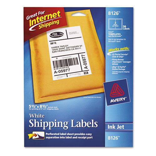 Avery Inkjet Shipping Labels - 5.5&#034; X 8.5&#034; 50 Label White (8126) TrueBlock Tech.