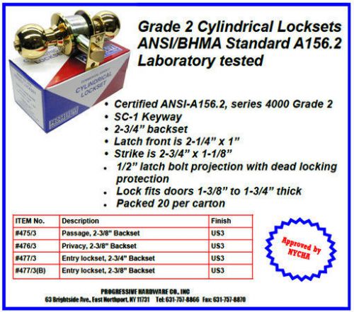 PROGRESSIVE CYLINDRICAL ENTRANCE LOCKSET, 2 3/4&#034; BACKSET, 477/3, POLISHED BRASS