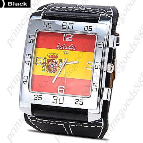 Spanish Flag of Spain Wide Rectangle Analog PU Leather Wrist Wristwatch Black