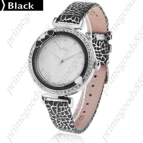 Waterproof Leather Quartz Wrist Wristwatch Women&#039;s Hearts Rhinestones Black