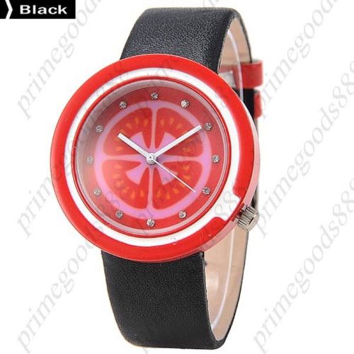 Fruit Round Analog PU Leather Lady Ladies Wristwatch Women&#039;s Strawberry Black